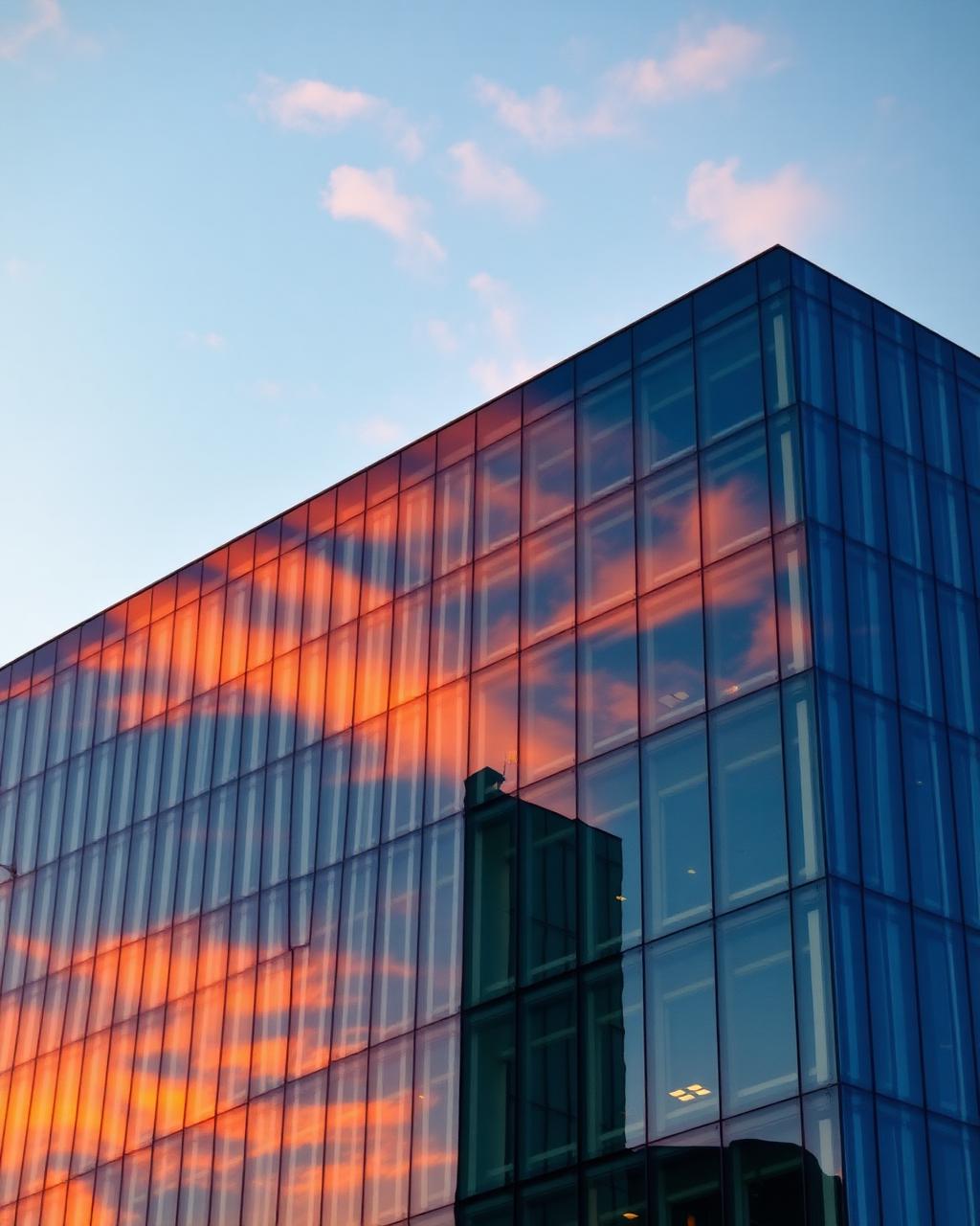 A modern glass institutional building reflecting a sunset sky